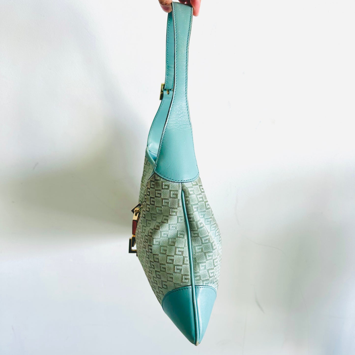 Gucci Jackie Teal GG Monogram Logo Suede & Leather Hobo Vintage Shoulder Bag