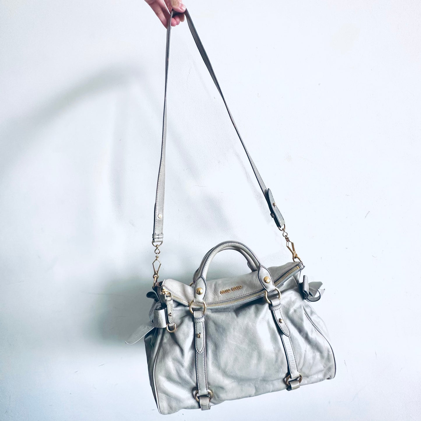 Miu Miu Glacier Blue GHW Bow Vitello Lux Classic Logo Shopper Shoulder Sling Tote Bag