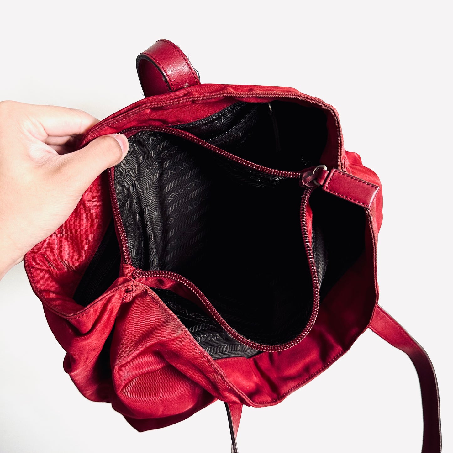 Prada Deep Maroon Red Logo Nylon & Leather Classic Wide Shopper Shoulder Tote Bag