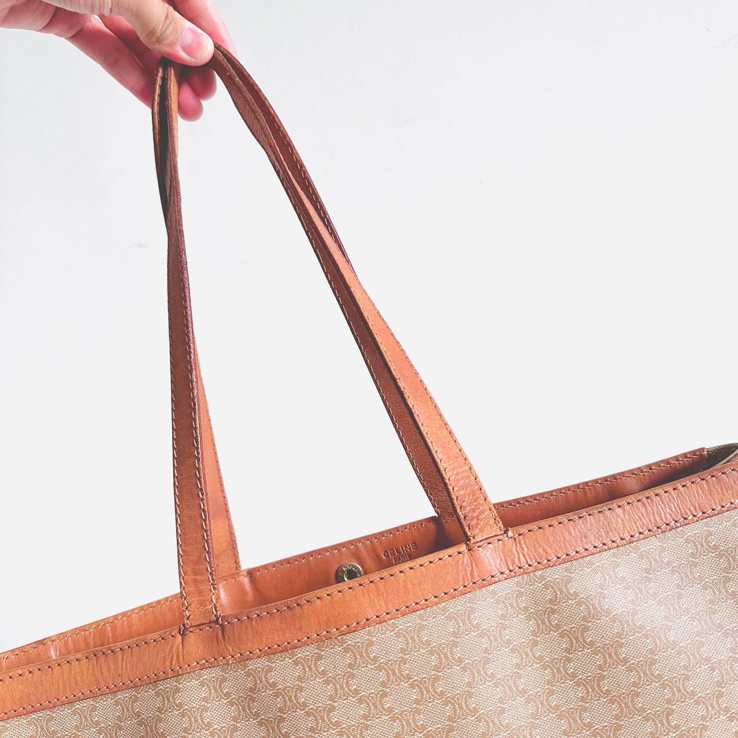 Celine Beige Triomphe Macadam Monogram Logo Vintage Shoulder Tote Bag