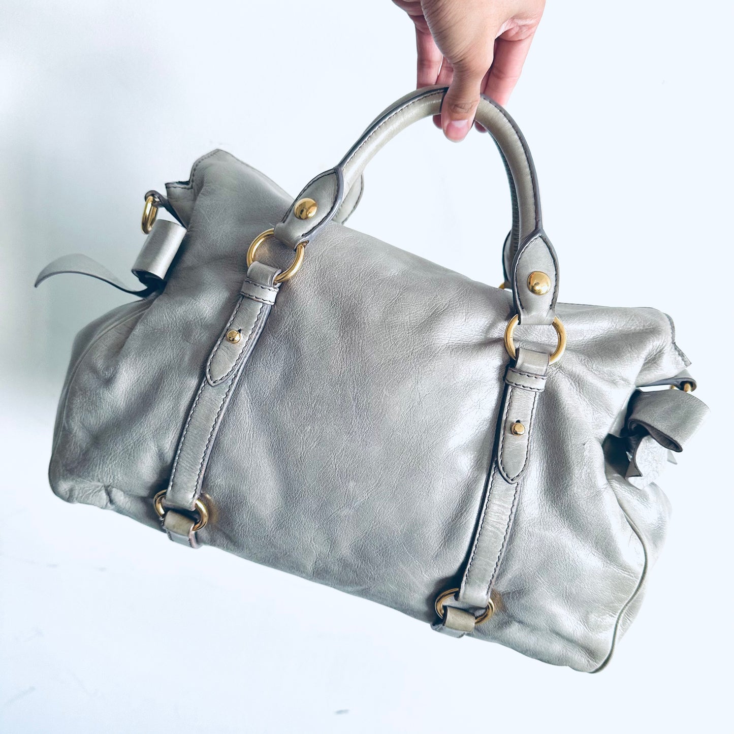Miu Miu Glacier Blue GHW Bow Vitello Lux Classic Logo Shopper Shoulder Sling Tote Bag
