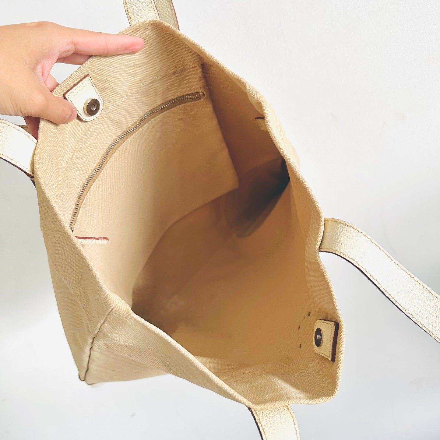 Prada Cream Off White Beige Classic Logo Nylon & Leather Shopper Tote Bag