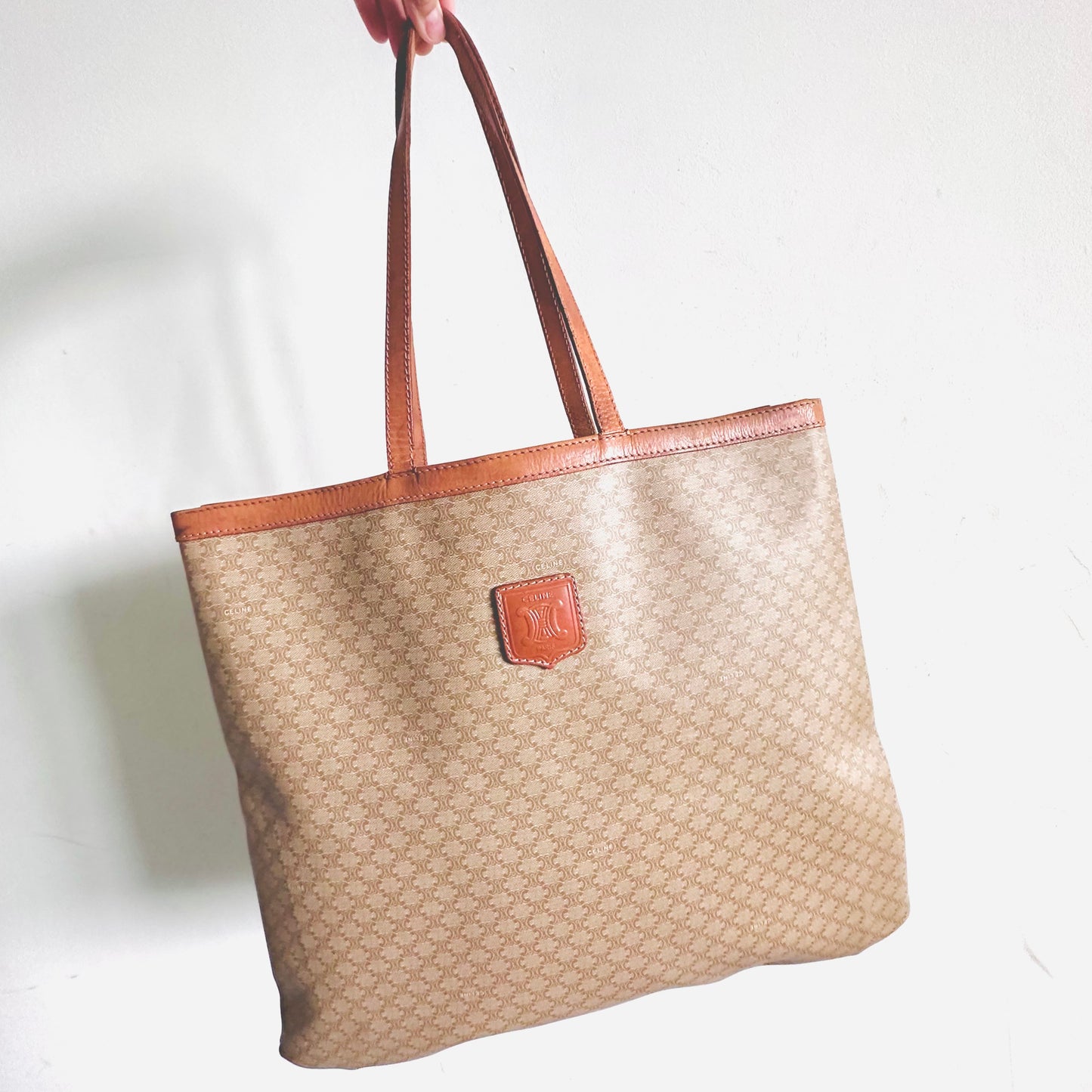 Celine Beige Triomphe Macadam Monogram Logo Vintage Shoulder Tote Bag