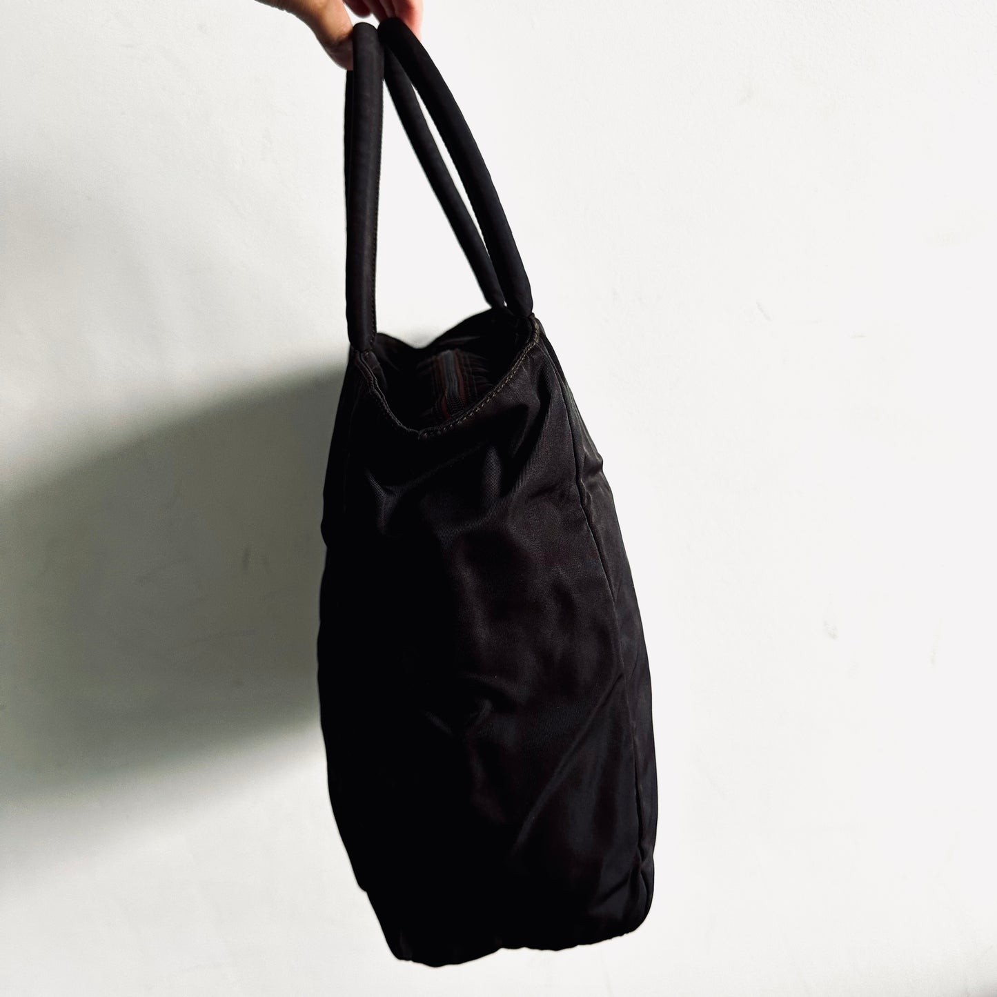 Prada Dark Brown Tessuto City Classic Logo Nylon Structured Shopper Zip Shoulder Tote Bag