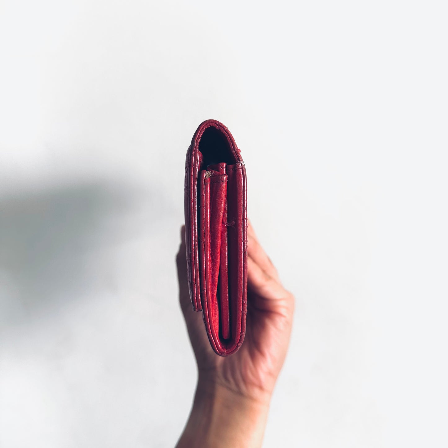 Christian Dior CD Deep Red Lady Dior Cannage Quilted Calfskin Logo Monogram Flap Long Bifold Wallet