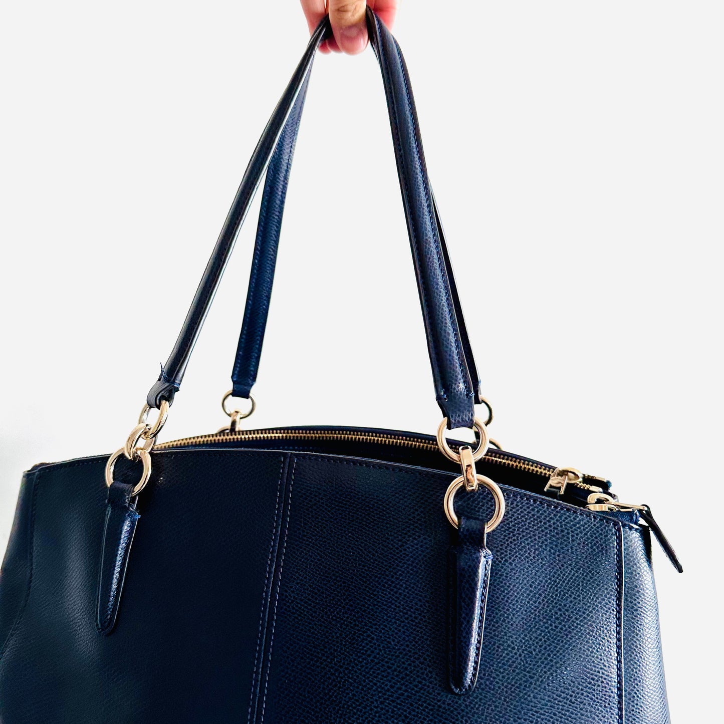 Coach Navy Blue GHW Christie Satchel Carryall 2-Way Top Handle Shoulder Sling Crossgrain Leather Tote Bag
