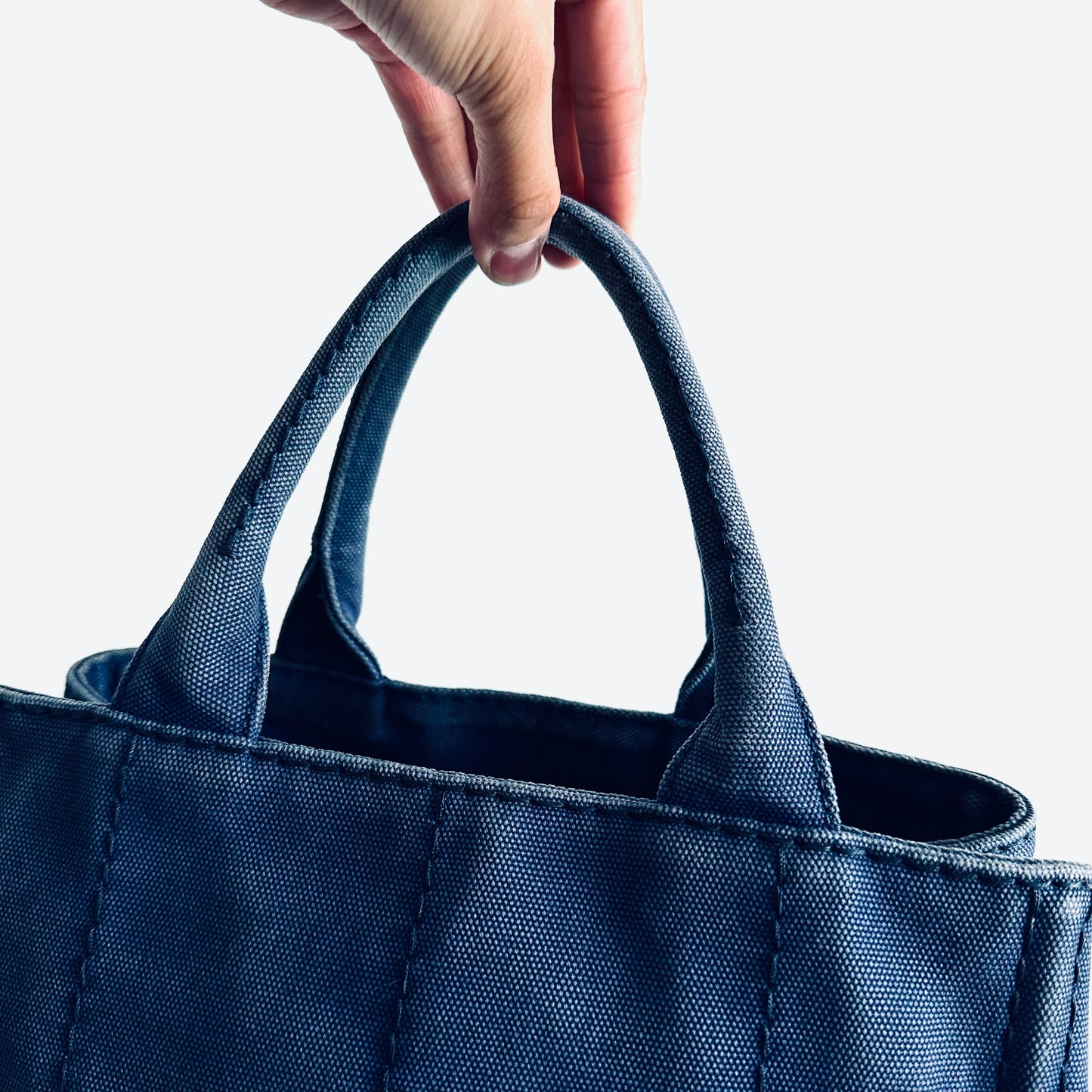Prada Dark Blue Denim GHW Small Canapa Classic Logo Structured Shopper Tote Bag