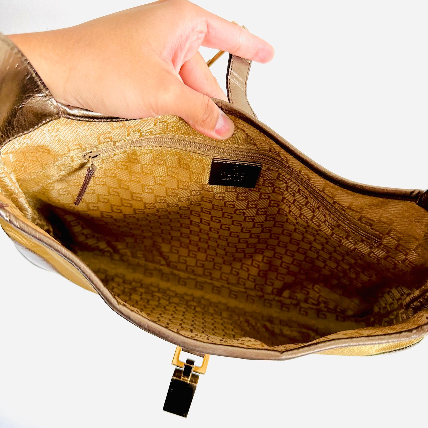 Gucci Jackie Brown / Gold GHW Monogram Logo Web Striped Vintage Hobo Shoulder Bag