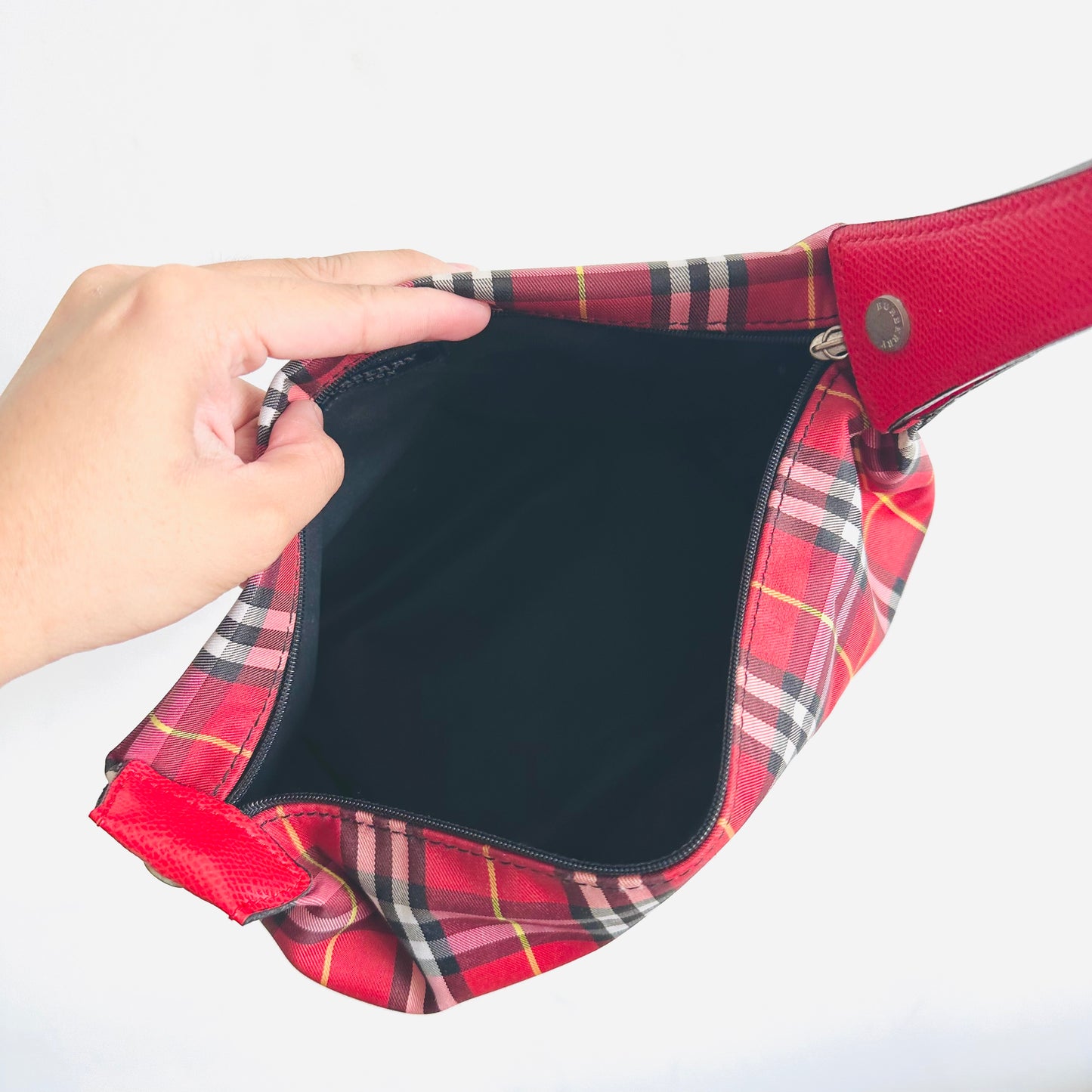 Burberry Deep Red Classic Check Nova Haymarket Checkered Baguette Hobo Shoulder Bag Wrislet Pouch Clutch