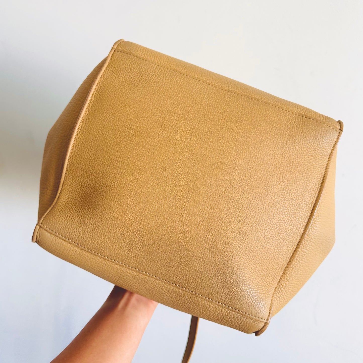 Celine Sand Taupe Beige Small Big Bag With Long Strap Top Handle Shoulder Sling Belt Tote Bag In Supple Grained Calfskin Leather