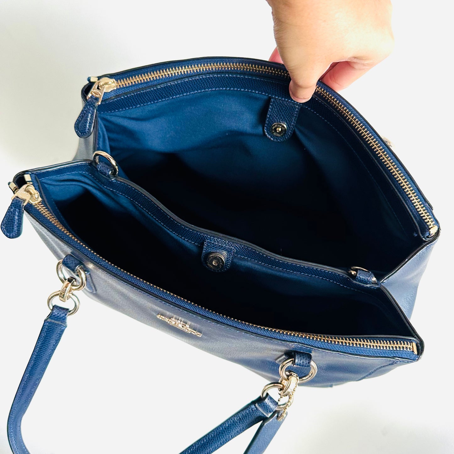 Coach Navy Blue GHW Christie Satchel Carryall 2-Way Top Handle Shoulder Sling Crossgrain Leather Tote Bag