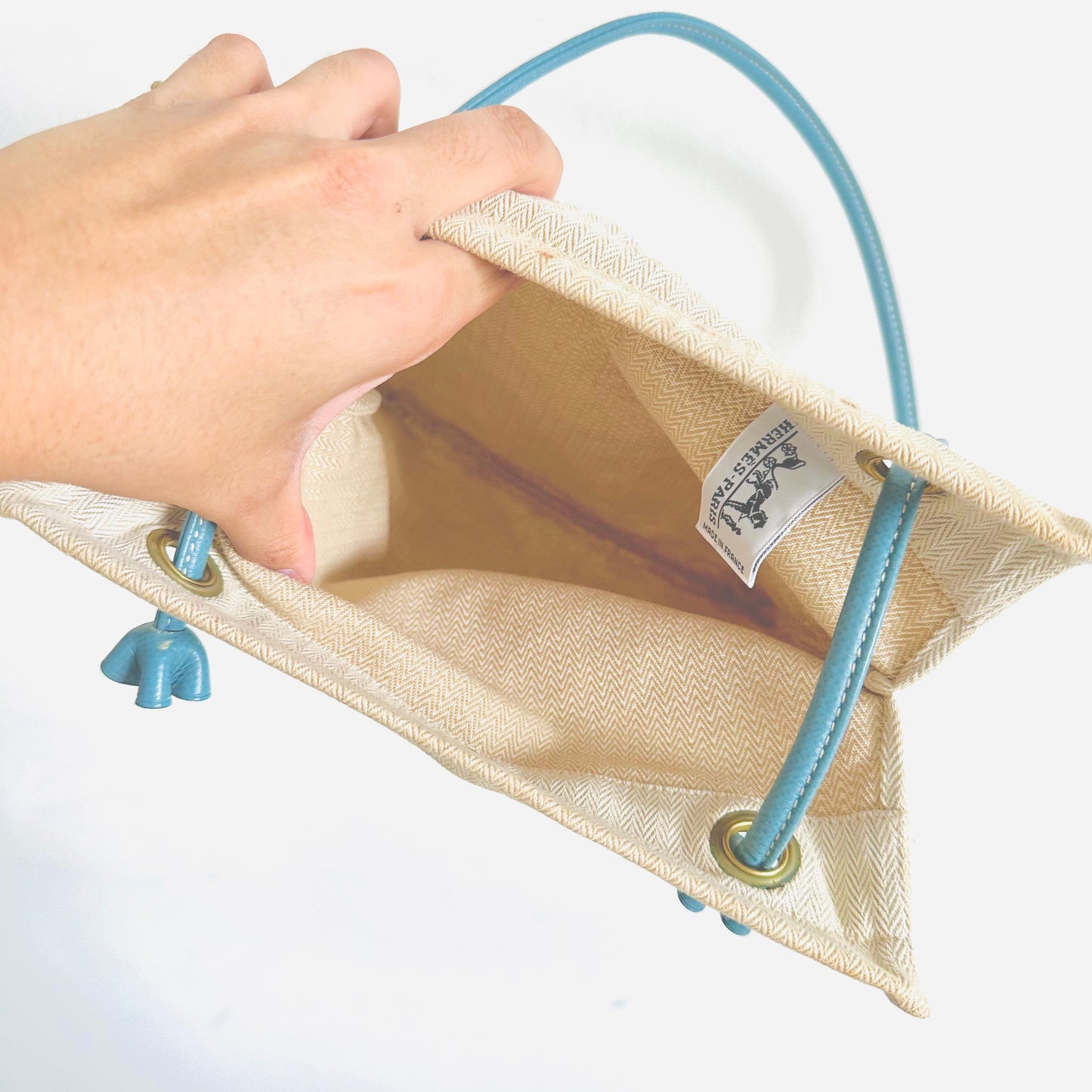 Hermes Aline PM White Toile & Blue Leather Sellier Grooming Shoulder Sling Bag