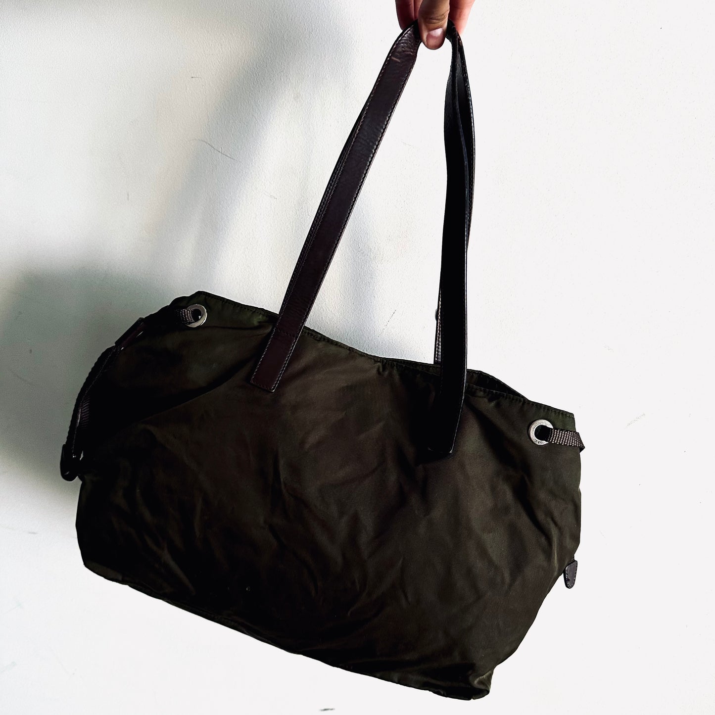 Prada Tessuto Dark Khaki Green Classic Logo Nylon & Leather Utility Shoulder Tote Bag