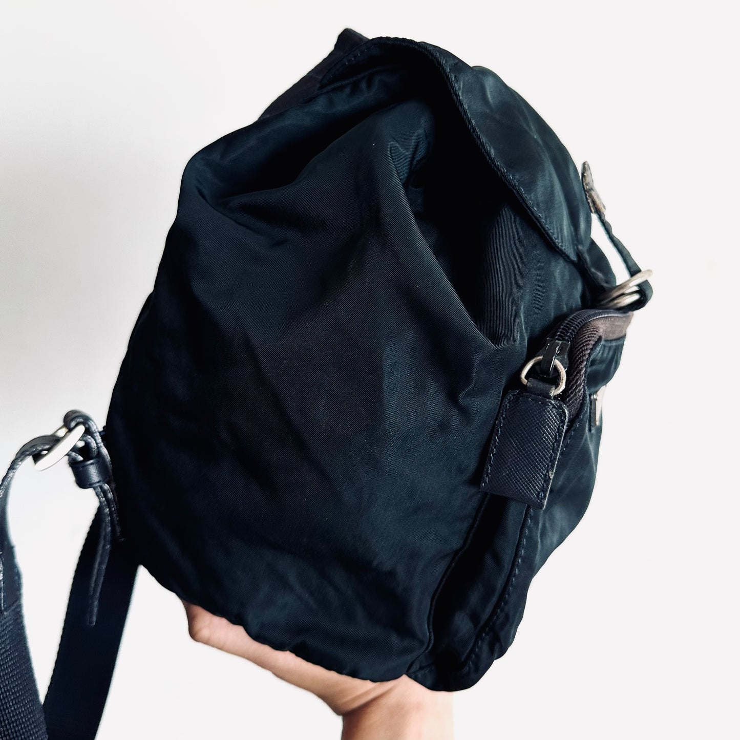 Prada Navy Blue Tessuto Small Classic Logo Nylon & Leather Backpack Drawstring Bag