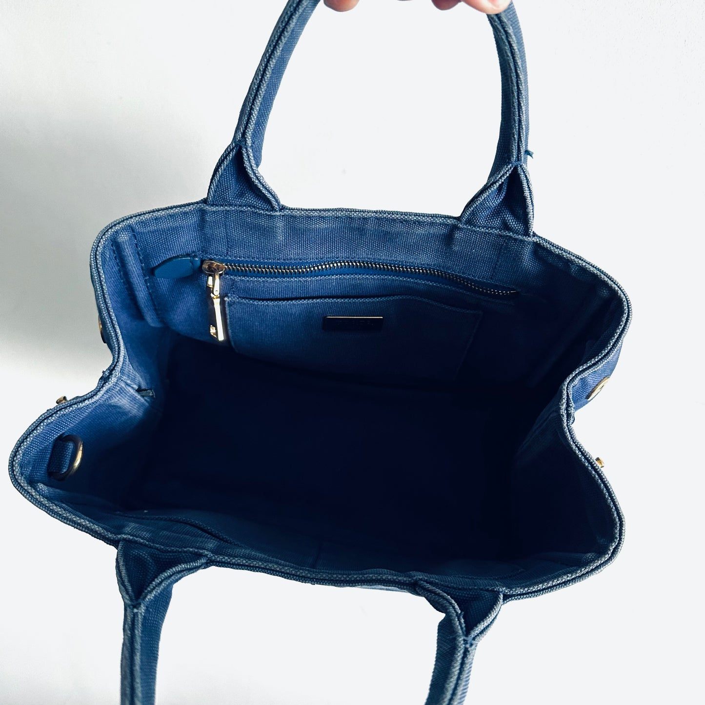 Prada Dark Blue Denim GHW Small Canapa Classic Logo Structured Shopper Tote Bag