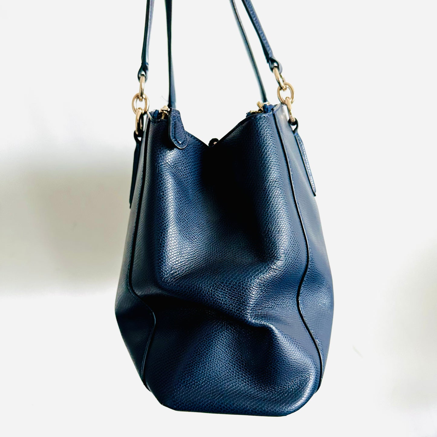 Coach Navy Blue GHW Christie Satchel Carryall 2-Way Top Handle Shoulder Sling Crossgrain Leather Tote Bag
