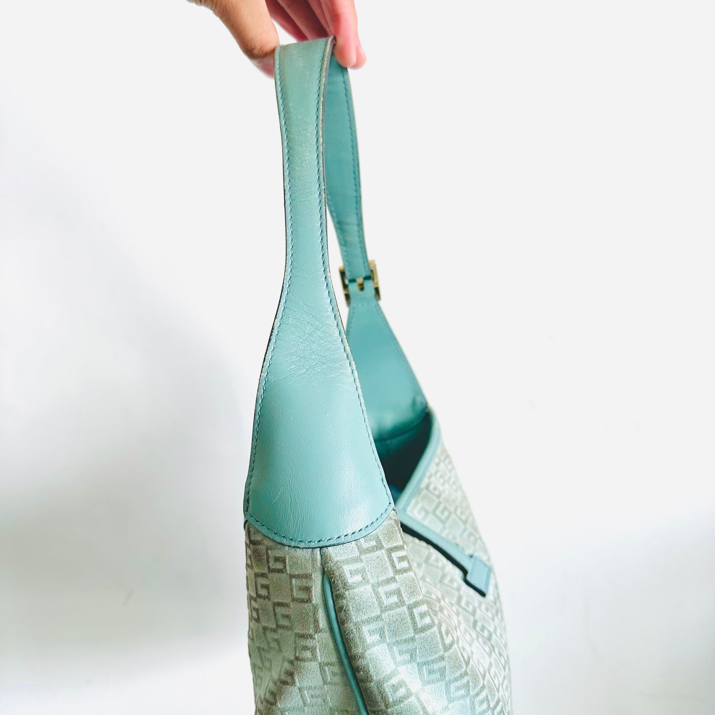 Gucci Jackie Teal GG Monogram Logo Suede & Leather Hobo Vintage Shoulder Bag