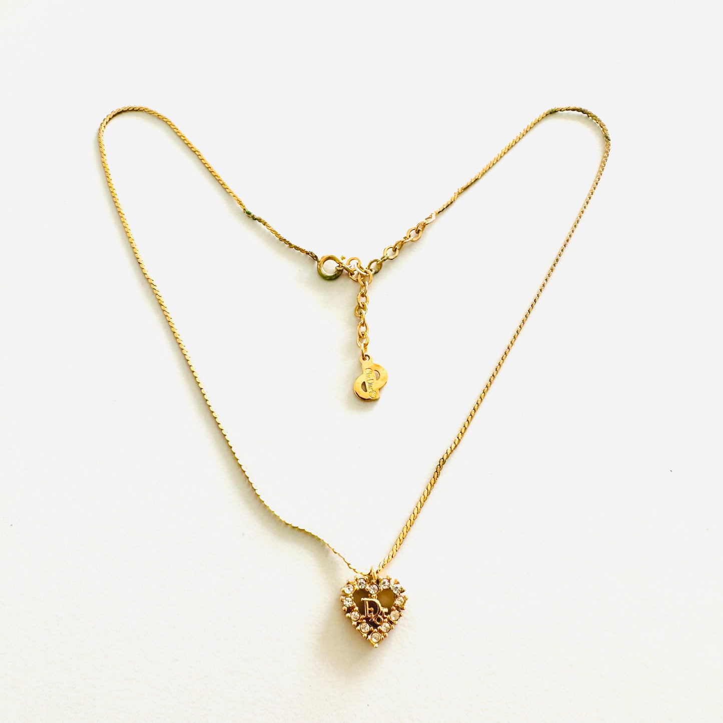 Christian Dior CD Monogram Logo Signature Gold Classic Heart & Crystals Vintage Necklace
