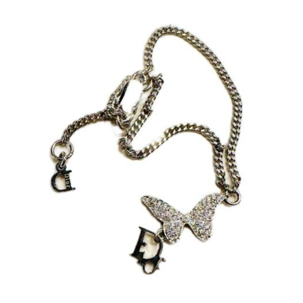 (Up to 19cm) Christian Dior CD Silver Logo and Butterfly Crystals Chain Bracelet