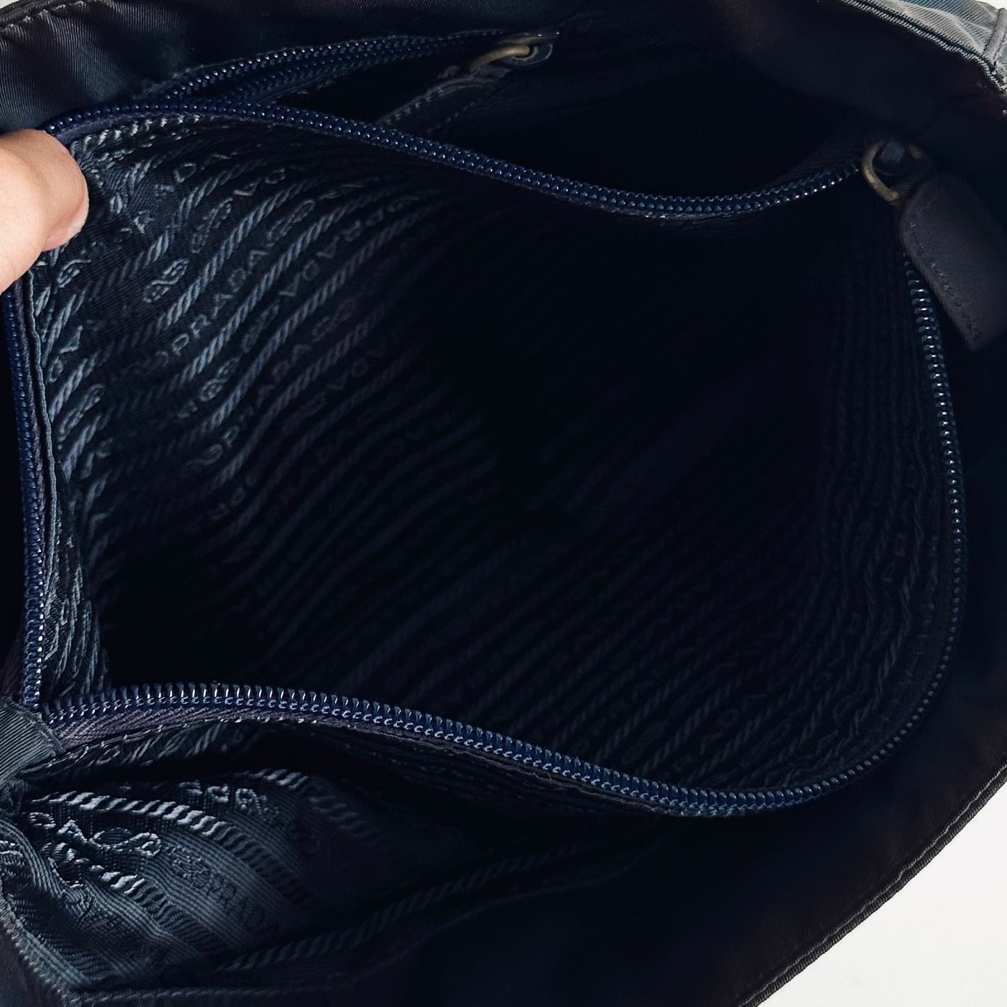 Prada Navy Blue Classic Logo Nylon Small Shopper Zip Tote Bag