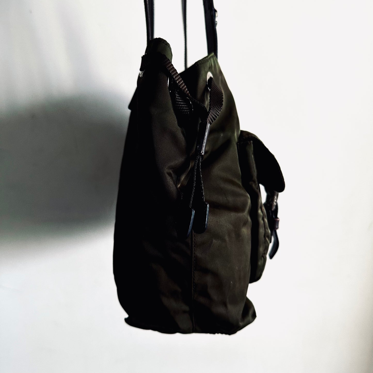 Prada Tessuto Dark Khaki Green Classic Logo Nylon & Leather Utility Shoulder Tote Bag