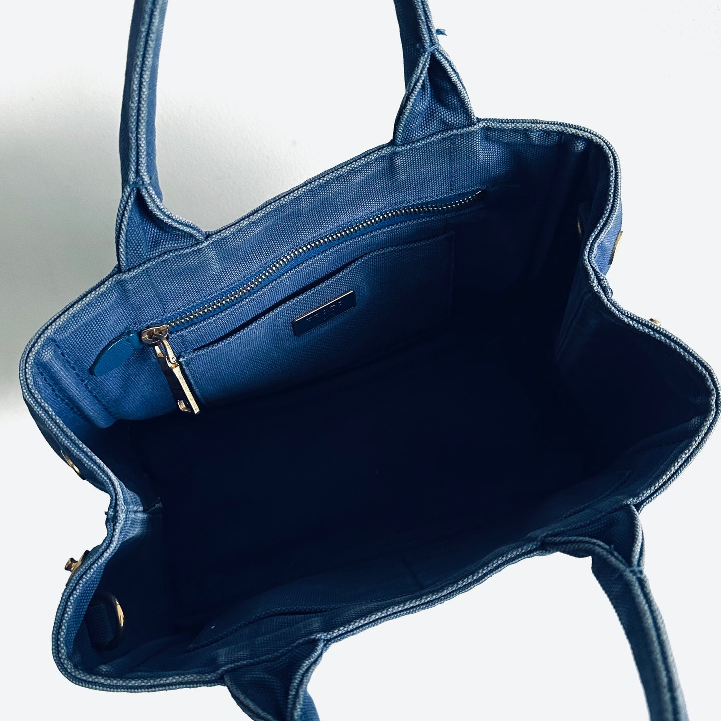 Prada Dark Blue Denim GHW Small Canapa Classic Logo Structured Shopper Tote Bag