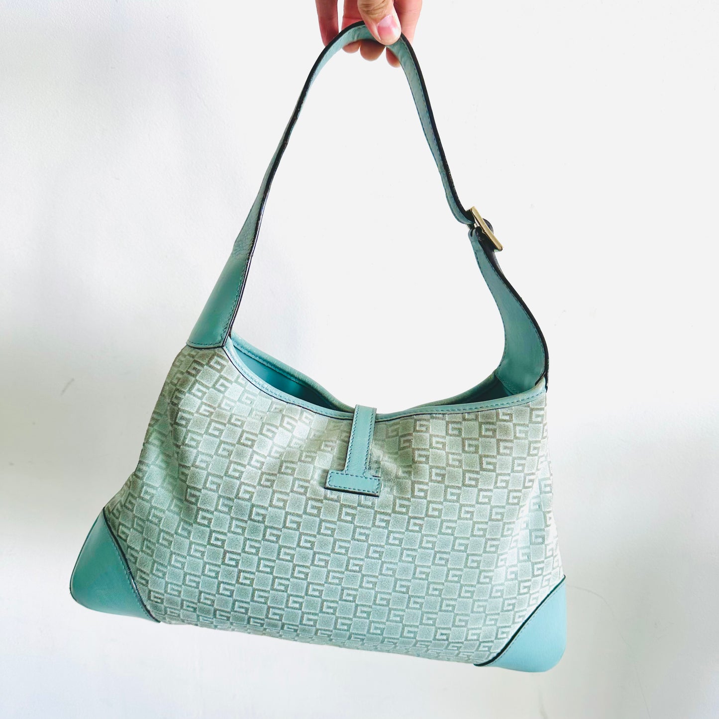 Gucci Jackie Teal GG Monogram Logo Suede & Leather Hobo Vintage Shoulder Bag