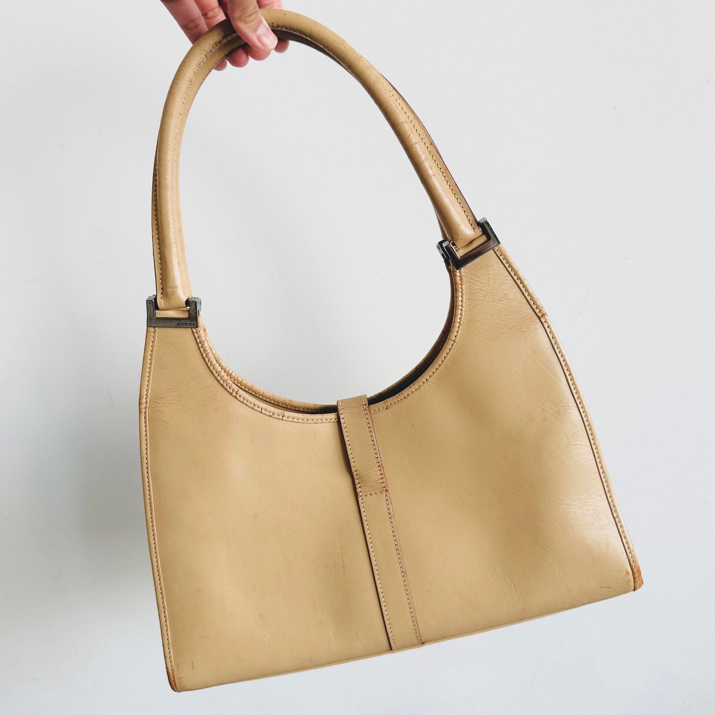 Gucci Jackie Beige Leather Monogram Logo Flap Vintage Hobo Shoulder Bag