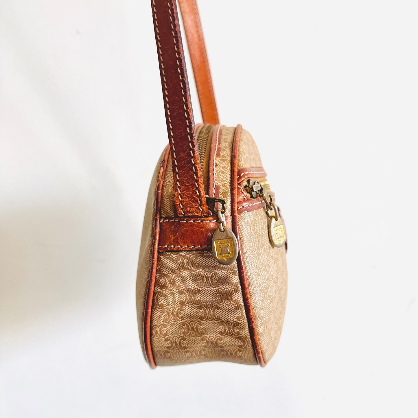 Celine Beige Triomphe Macadam Monogram Logo Oval Half Moon Vintage Shoulder Sling Bag