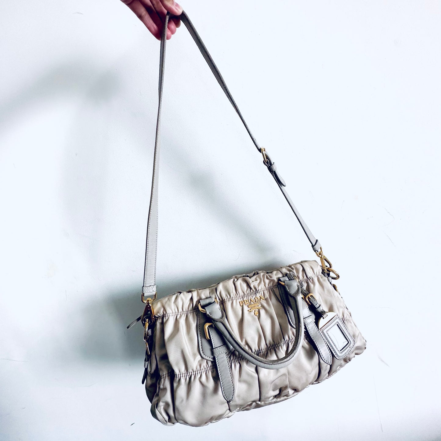 Prada Glacier Blue GHW Gaufre Tessuto Ruched Classic Logo Nylon & Leather 2-Way Shoulder Sling Shopper Tote Bag
