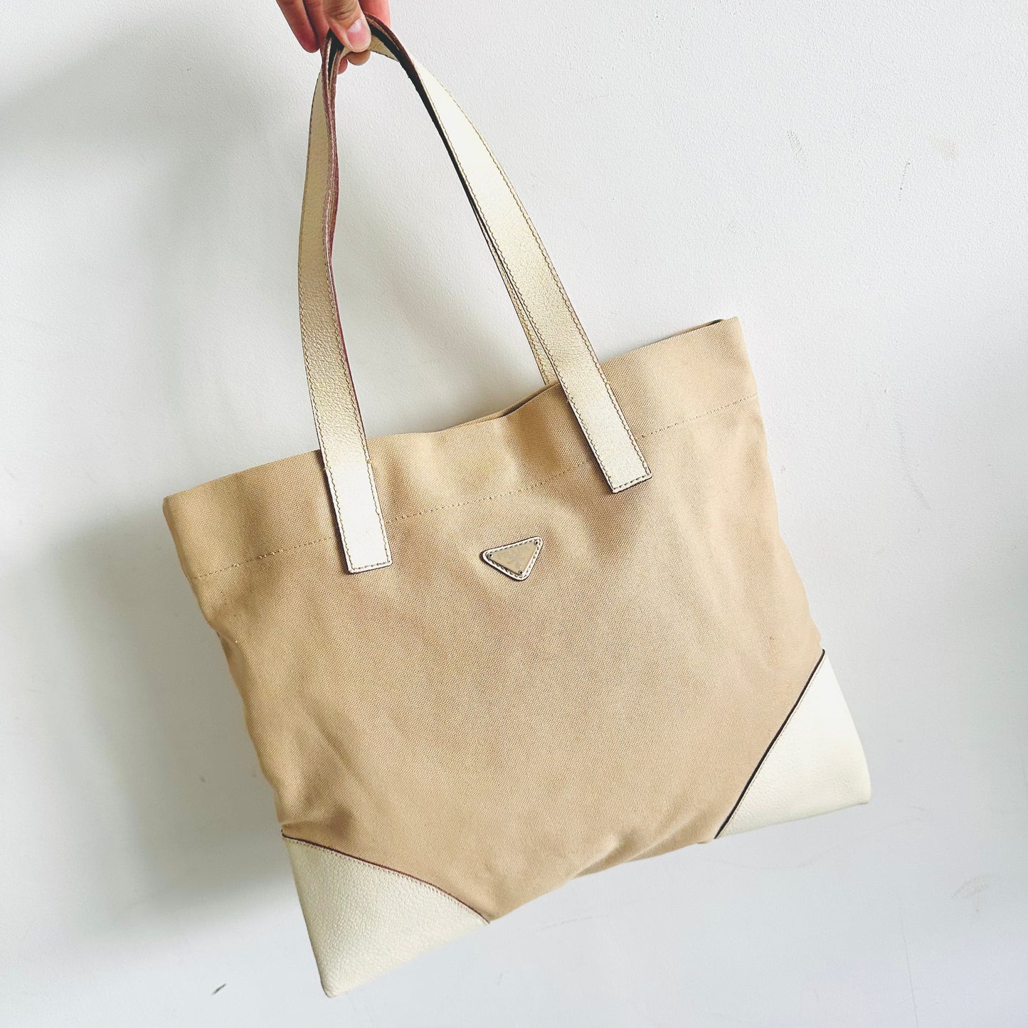 Prada Cream Off White Beige Classic Logo Nylon & Leather Shopper Tote Bag