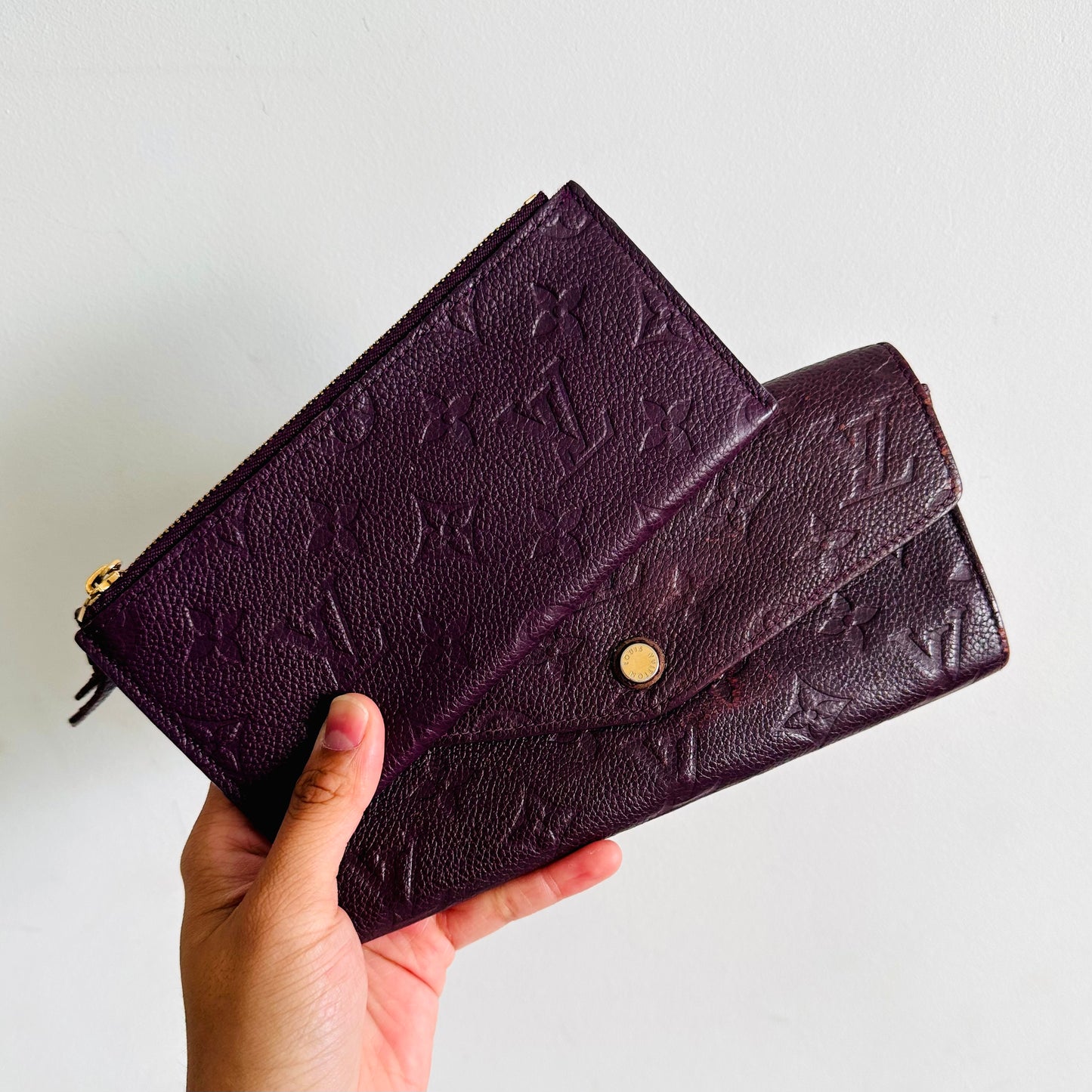 Louis Vuitton LV Curieuse Burgundy Aurore GHW Monogram Empreinte Leather Classic Logo Flap Long Wallet