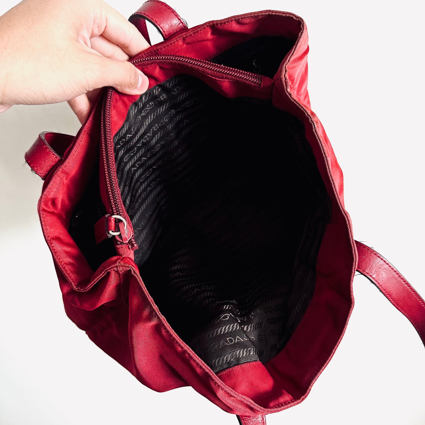 Prada Deep Maroon Red Logo Nylon & Leather Classic Wide Shopper Shoulder Tote Bag