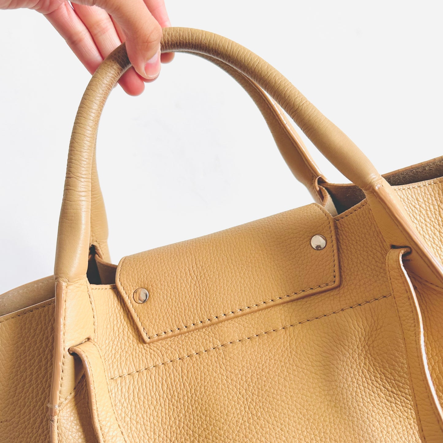 Celine Sand Taupe Beige Small Big Bag With Long Strap Top Handle Shoulder Sling Belt Tote Bag In Supple Grained Calfskin Leather