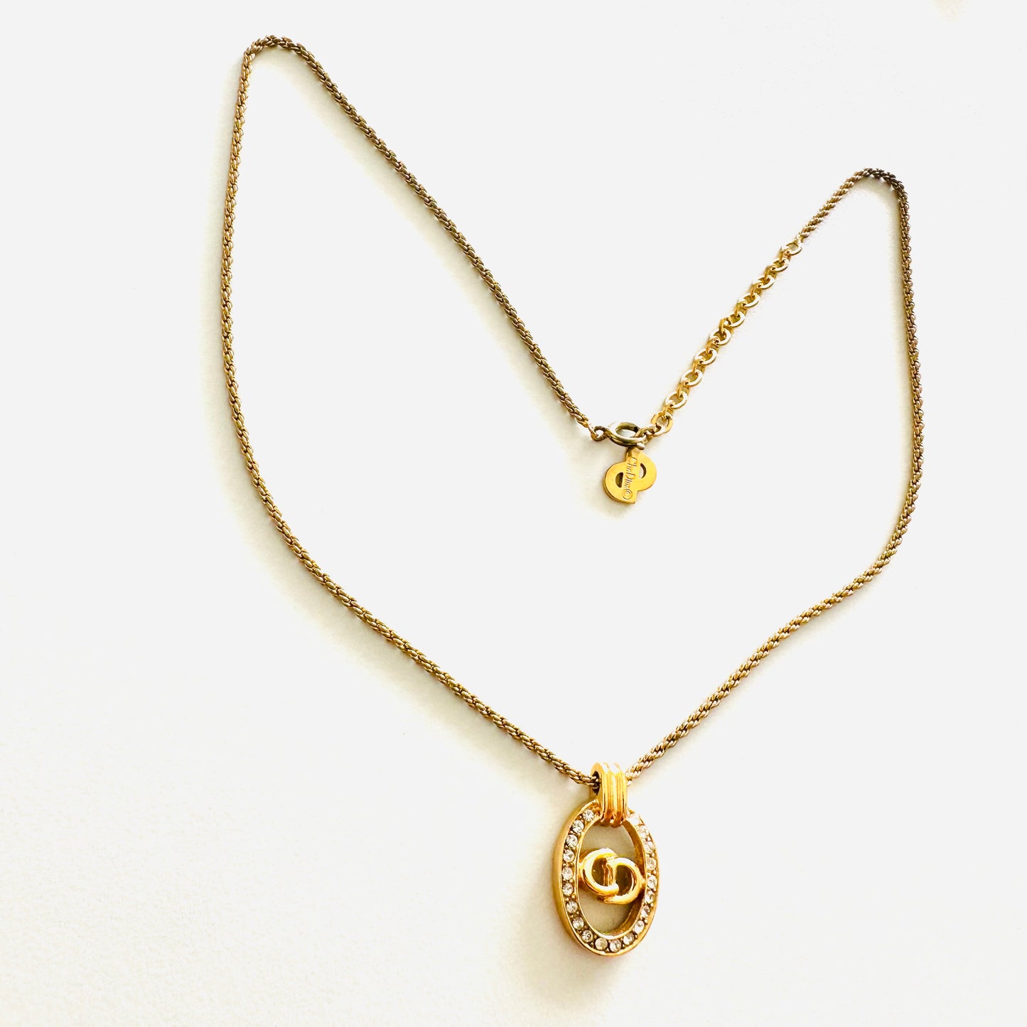 Christian Dior CD Monogram Logo Round Signature Gold & Crystals Classic Adjustable Vintage Necklace