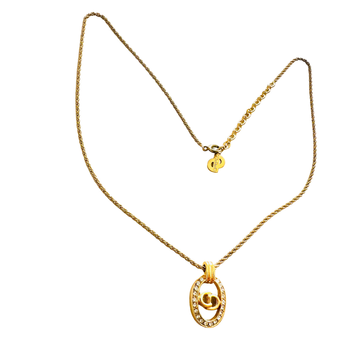 Christian Dior CD Monogram Logo Round Signature Gold & Crystals Classic Adjustable Vintage Necklace