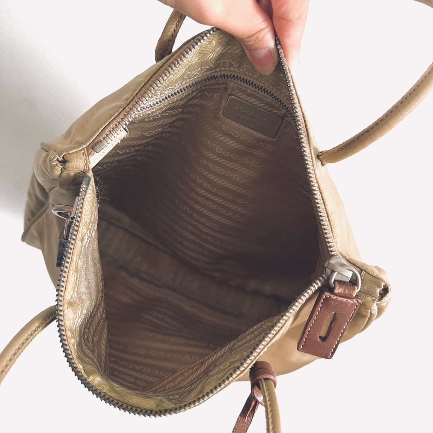 Prada Khaki Beige Tessuto Sport Classic Logo Nylon Shoulder Zip Tote Bag