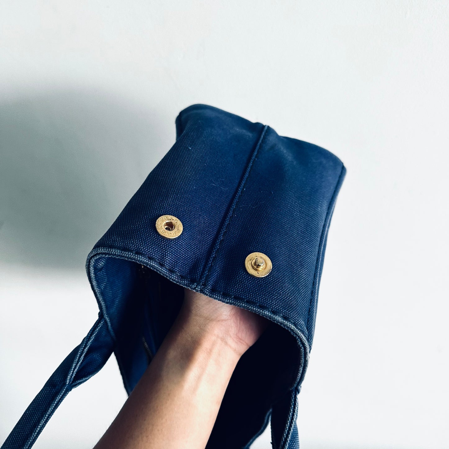 Prada Dark Blue Denim GHW Small Canapa Classic Logo Structured Shopper Tote Bag