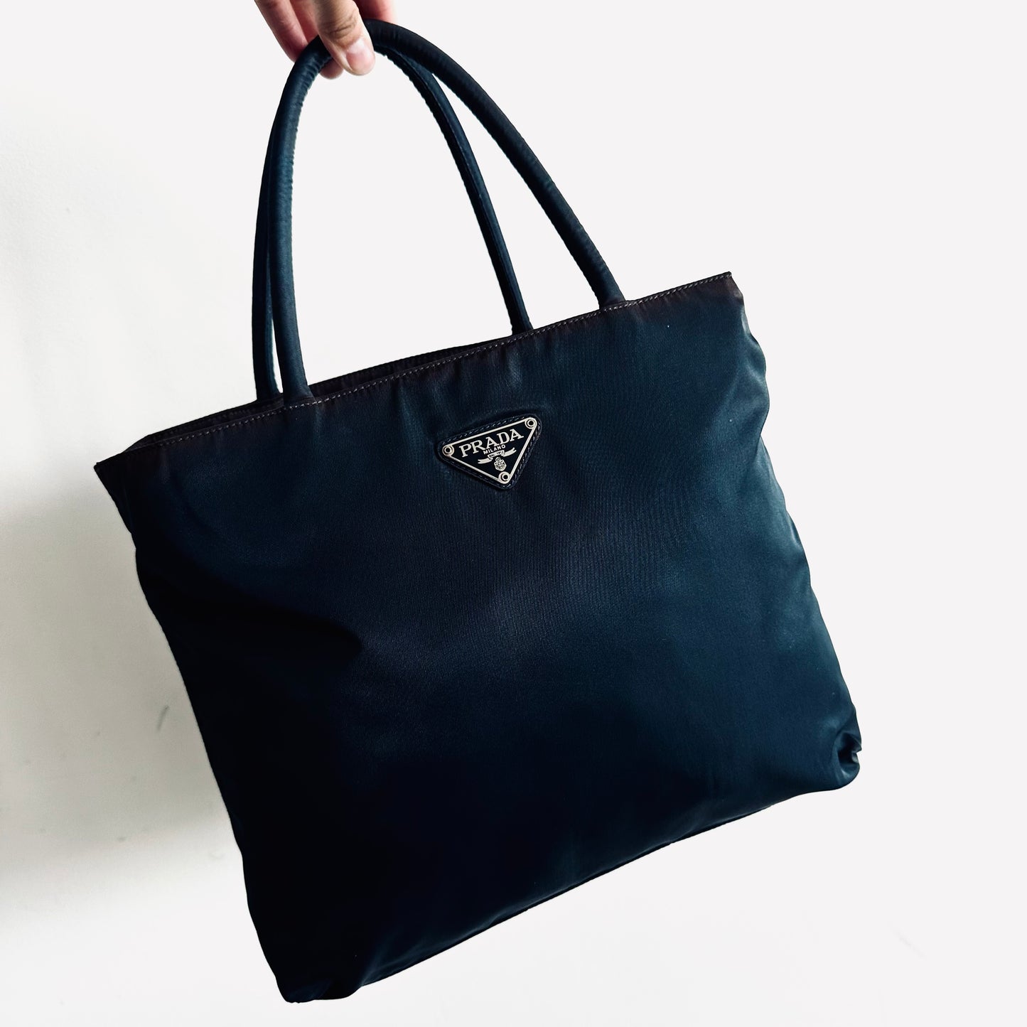 Prada Navy Blue Classic Logo Nylon Small Shopper Zip Tote Bag