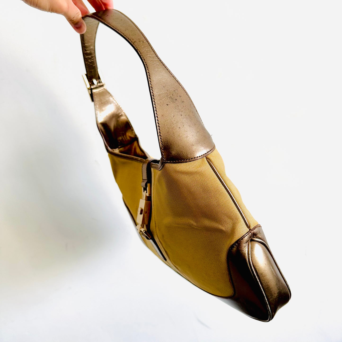 Gucci Jackie Brown / Gold GHW Monogram Logo Web Striped Vintage Hobo Shoulder Bag