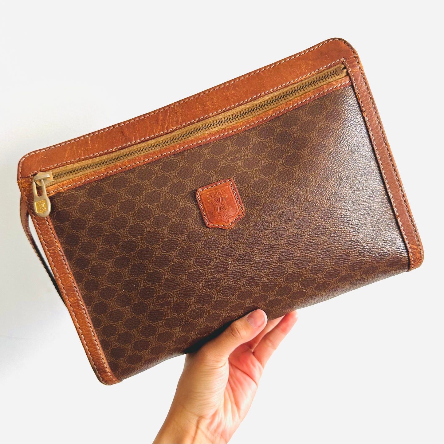 Celine Triomphe Macadam Monogram Logo Vintage Wrislet Zip Pouch Case Clutch