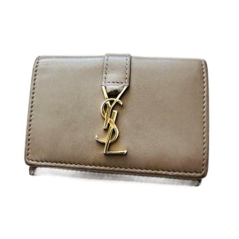 YSL Taupe Logo GHW Flap Compact Trifold Wallet
