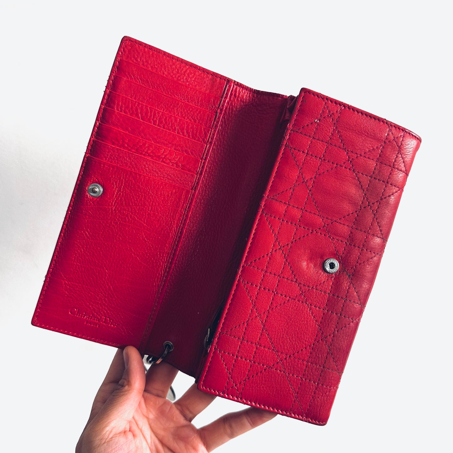 Christian Dior CD Deep Red Lady Dior Cannage Quilted Calfskin Logo Monogram Flap Long Bifold Wallet