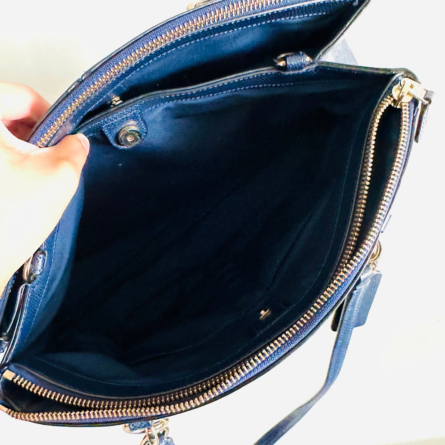 Coach Navy Blue GHW Christie Satchel Carryall 2-Way Top Handle Shoulder Sling Crossgrain Leather Tote Bag
