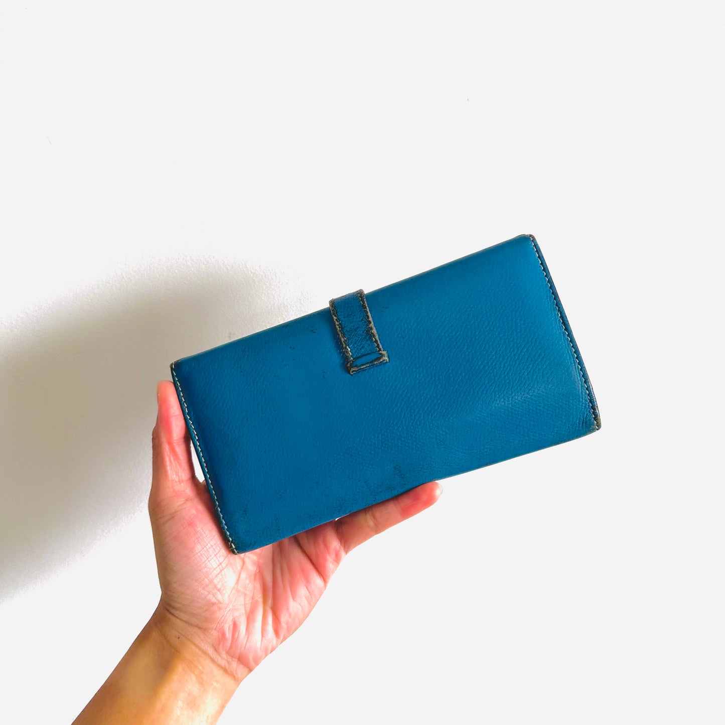 Hermes Bearn Blue Bleu Jean GHW H Logo Epsom Grained Leather Trifold Flap Long Wallet