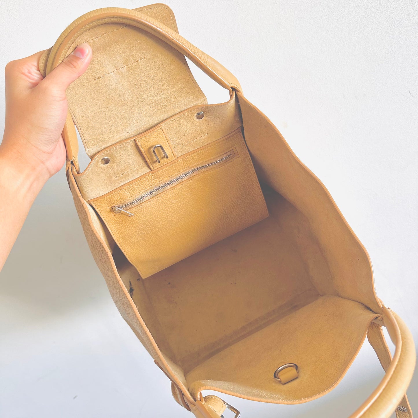 Celine Sand Taupe Beige Small Big Bag With Long Strap Top Handle Shoulder Sling Belt Tote Bag In Supple Grained Calfskin Leather