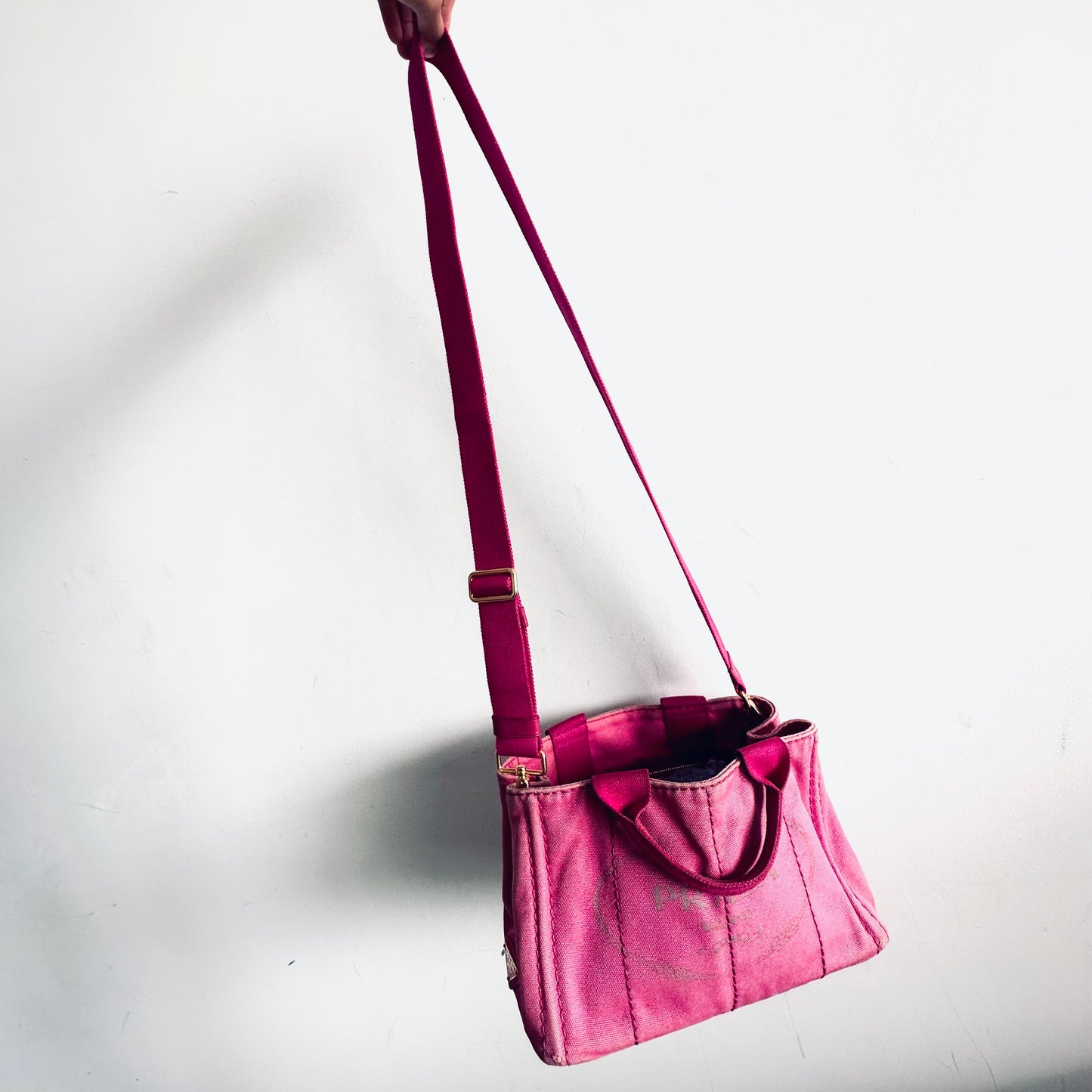 Prada Pink GHW Canapa Classic Logo Small Structured 2-Way Shopper Shoulder Sling Tote Bag
