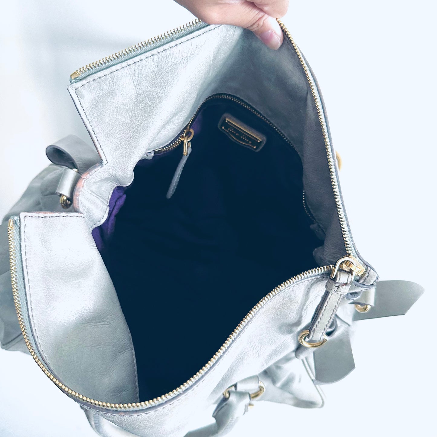 Miu Miu Glacier Blue GHW Bow Vitello Lux Classic Logo Shopper Shoulder Sling Tote Bag