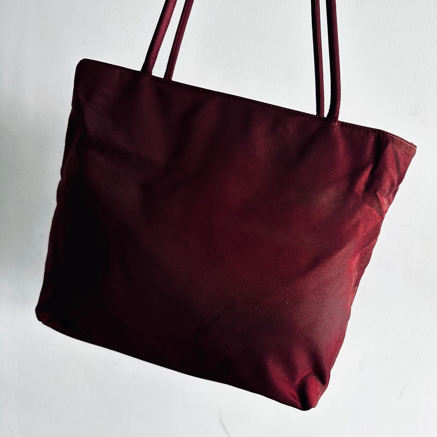 Prada Maroon Burgundy Red Classic Logo Nylon Shopper Zip Shoulder Tote Bag