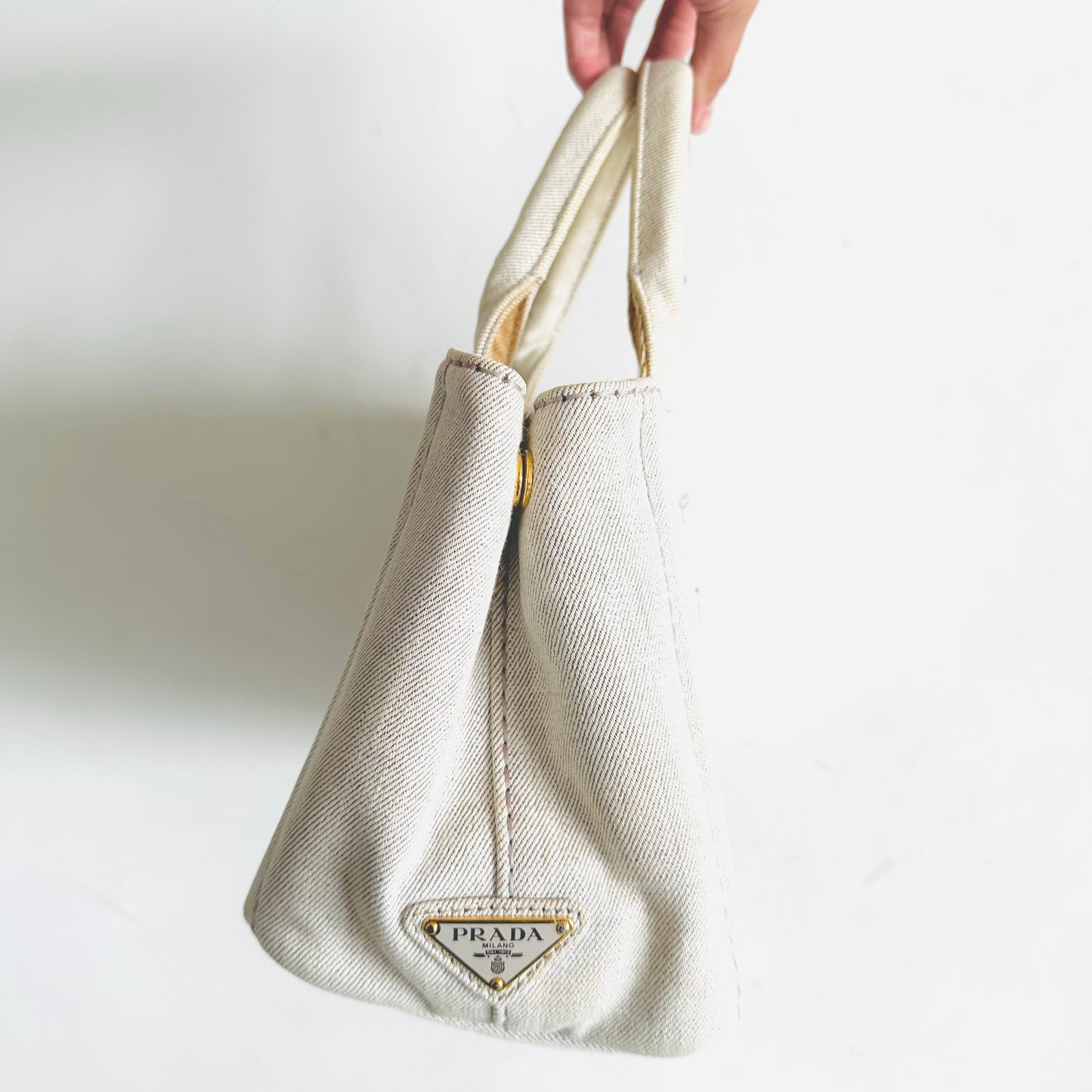 Prada Off White Canapa Small Classic Logo Structured Shopper Tote Bag